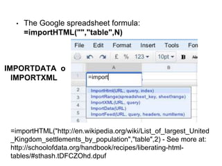 • The Google spreadsheet formula:
=importHTML("","table",N)
=importHTML("http://en.wikipedia.org/wiki/List_of_largest_United
_Kingdom_settlements_by_population","table",2) - See more at:
http://schoolofdata.org/handbook/recipes/liberating-html-
tables/#sthash.tDFCZOhd.dpuf
IMPORTDATA o
IMPORTXML
 