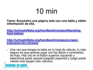 10 min
Tarea: Encuentra una página web con una tabla y obtén
información de ella.
http://schoolofdata.org/handbook/recipes/liberating-
html-tables/
http://schoolofdata.org/handbook/recipes/scraper-
extension-for-chrome/
• Una vez que tengas la tabla en tu hoja de cálculo, lo más
seguro es que quieras jugar con los datos o cambiarlos
de hoja. Haz clic en el botón superior izquierdo y
selecciona paste special (pegado especial) y luego paste
values only (pegar sólo valores).
 