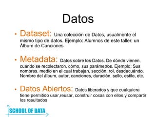 Datos
• Dataset: Una colección de Datos, usualmente el
mismo tipo de datos. Ejemplo: Alumnos de este taller; un
Álbum de Canciones
• Metadata: Datos sobre los Datos. De dónde vienen,
cuándo se recolectaron, cómo, sus parámetros. Ejemplo: Sus
nombres, medio en el cual trabajan, sección, rol, desdecuándo.
Nombre del álbum, autor, canciones, duración, sello, estilo, etc.
• Datos Abiertos: Datos liberados y que cualquiera
tiene permitido usar,reusar, construir cosas con ellos y compartir
los resultados
 