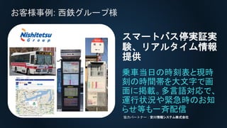 お客様事例: 西鉄グループ様
乗車当日の時刻表と現時
刻の時間帯を大文字で画
面に掲載。多言語対応で、
運行状況や緊急時のお知
らせ等も一斉配信
スマートバス停実証実
験、リアルタイム情報
提供
協力パートナー：安川情報システム株式会社
お客様事例: 西鉄グループ様
Ⓒ2014 ZENRIN CO.LTD.(Z14KF No.213)
 