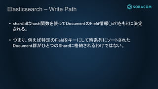 Elasticsearch – Write Path
• shardIdはhash関数を使ってDocumentのField情報(_id?)をもとに決定
される。
• つまり、例えば特定のFieldをキーにして時系列にソートされた
Document群がひとつのShardに格納されるわけではない。
 