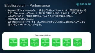 Elasticsearch – Performance
• Segmentがファイルキャッシュに乗らなくなるとパフォーマンスに問題が発生する
ため、ElasticsearchのIndexは、例えば日毎に分ける。それによってひとつの
Indexあたりのデータ量に制約をかけるとともに予測が容易になる。
• つまりこれってPartitioning
• 古いDocumentをパージするにも、DeleteではなくてIndexごと削除していくことで
低コストなオペレーションができる。
log-
2019090
1
log-
2910909
02
Elasticsearch indices
log-
2019090
3
log-
2910909
04
log-
2019090
5
log-
2910909
06
log-
2019090
7
…
 