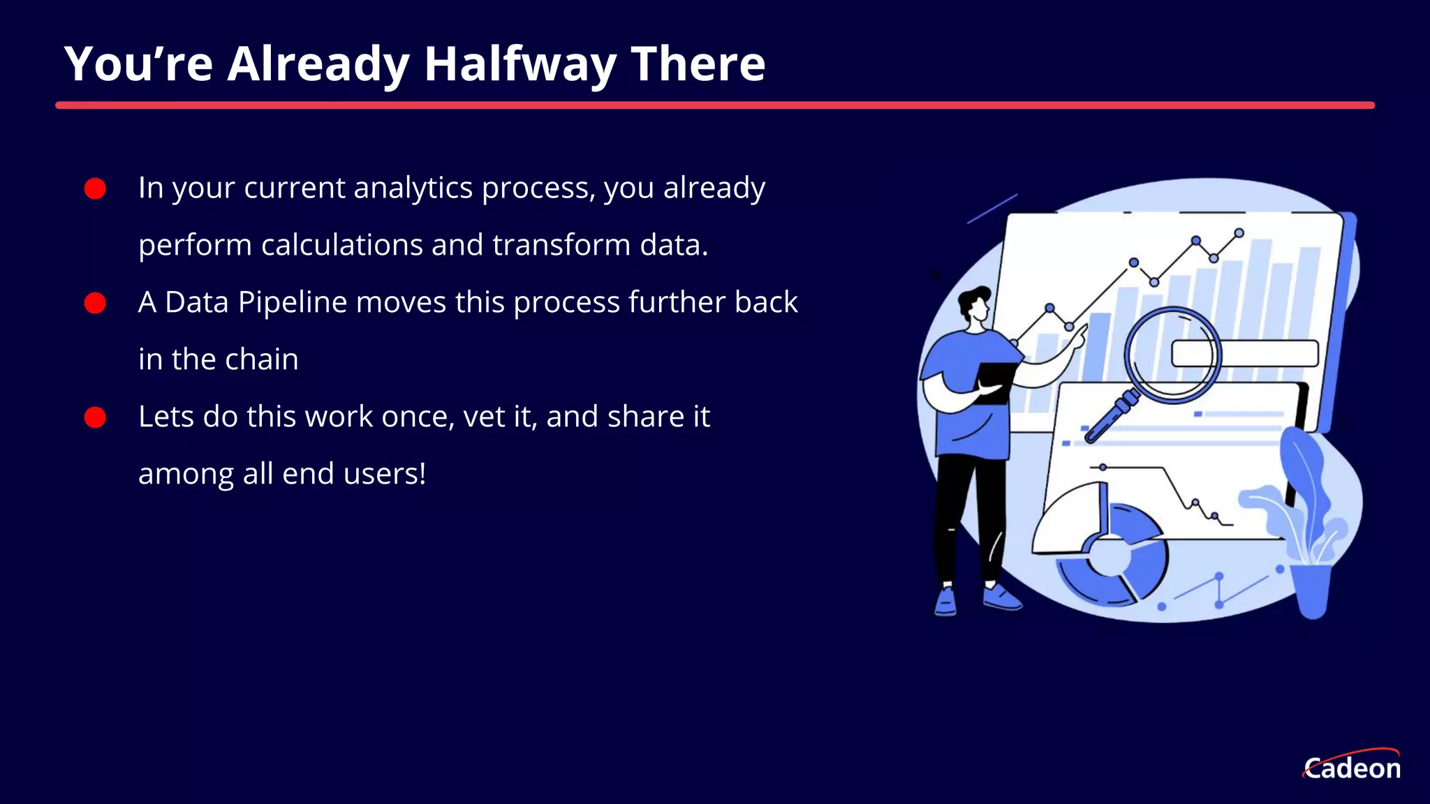 ⬤ In your current analytics process, you already
perform calculations and transform data.
⬤ A Data Pipeline moves this process further back
in the chain
⬤ Lets do this work once, vet it, and share it
among all end users!
You’re Already Halfway There
 
