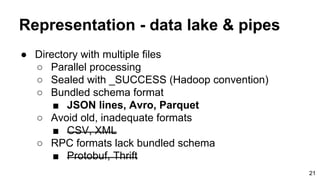 Representation - data lake & pipes
● Directory with multiple files
○ Parallel processing
○ Sealed with _SUCCESS (Hadoop convention)
○ Bundled schema format
■ JSON lines, Avro, Parquet
○ Avoid old, inadequate formats
■ CSV, XML
○ RPC formats lack bundled schema
■ Protobuf, Thrift
21
 