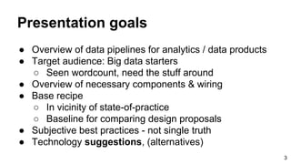 Presentation goals
● Overview of data pipelines for analytics / data products
● Target audience: Big data starters
○ Seen ...