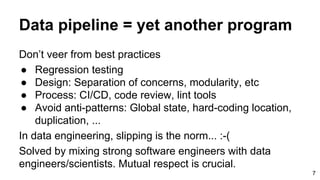 Data pipeline = yet another program
Don’t veer from best practices
● Regression testing
● Design: Separation of concerns, ...