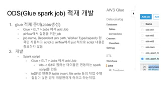 1. glue 적재 준비(Jobs생성)
- Glue > ELT > Jobs 에서 add Job
- airflow에서 실행을 위한 job
- job name, Dependent jars path, Worker Type/capacity 항
목만 사용하고 script는 airflow에서 put 하므로 script 내용은
중요하지 않음
2. 개발
- Spark script
- Glue > ELT > Jobs 에서 add Job
- rds -> S3로 원하는 테이블은 연동하는 spark
script를 만듬
- toDF로 변환후 table insert, file write 등의 작업 수행
- 컬럼이 많은 경우 개발편하게 하려고 하는작업.
ODS(Glue spark job) 적재 개발
 