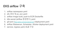EKS airflow 구축
1. airflow namespace yaml
2. efs 생성 및 pv, pvc yaml
3. airflow image build, push to ECR Dockerfile
4. k8s secret (airflow 환경변수) yaml
5. git-sync (https://github.com/kubernetes/git-sync) deployment yaml
6. airflow Webserver, Scheduler, Worker deployment yaml
7. service, ingress yaml, ELB 구성
 