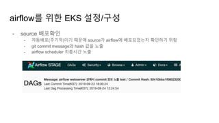- source 배포확인
- 자동배포(주기적)이기 때문에 source가 airflow에 배포되었는지 확인하기 위함
- git commit message와 hash 값을 노출
- airflow scheduler 최종시간 노출
airflow를 위한 EKS 설정/구성
 