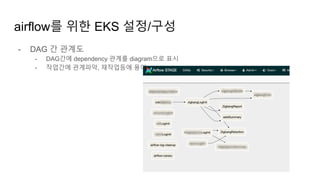 - DAG 간 관계도
- DAG간에 dependency 관계를 diagram으로 표시
- 작업간에 관계파악, 재작업등에 용이
airflow를 위한 EKS 설정/구성
 