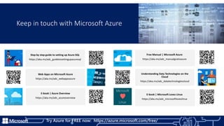 Keep in touch with Microsoft Azure
Try Azure for FREE now: https://azure.microsoft.com/free/
 