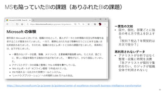 MSも陥っていたBIの課題（ありふれたBIの課題）
35
一貫性の欠如
• 国や、個社、部署ごとに独
自の考え方で売上を計上す
る
「税別？税込？年間契約は
月次で按分？」
再利用されないデータ
• アナリストが分析ではなく
整理・収集に時間を消費
「各アナリストが個別で集
約を行い、ロジックが組織
全体で利用されない」
https://docs.microsoft.com/ja-jp/power-bi/guidance/center-of-excellence-microsoft-business-intelligence-transformation
 