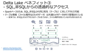 • Sparkベースのため、SQL,非SQLから同じ宛先（テーブル）に対してアクセス可能
• テーブル情報（ファイル場所などのメタデータ）は共通のメタデータAPIで管理されている
• 従来では、非SQLからのアクセスはテーブル名ではなく、ファイル場所を知っていなければならなかった
Delta Lake ベネフィット③
- SQL,非SQLからの透過的なアクセス
• Lakehouse: A New Generation of Open
Platforms that Unify Data Warehousing
and Advanced Analytics (databricks.com)
データレイク
BI データサイエンス 機械学習
レポート
ETL メタデータ、キャッシュ、および
インデックス作成レイヤ
OSSのデータフォーマット（Parquet
トランザクション
ガバナンス、バージョン管理、
補助データ構造
メタデータApi
Dataframe API
SQL API
 
