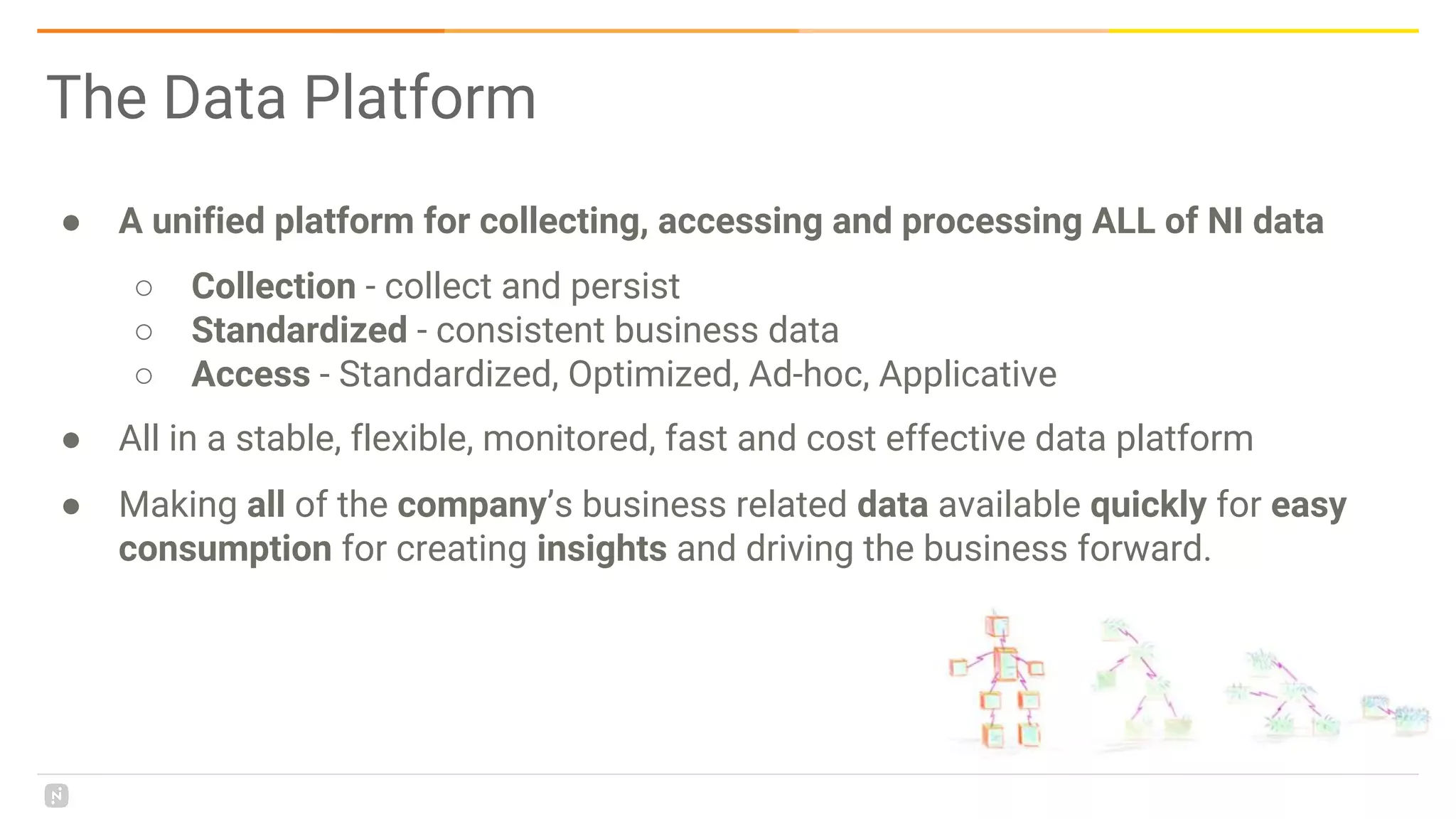 ● A unified platform for collecting, accessing and processing ALL of NI data
○ Collection - collect and persist
○ Standardized - consistent business data
○ Access - Standardized, Optimized, Ad-hoc, Applicative
● All in a stable, flexible, monitored, fast and cost effective data platform
● Making all of the company’s business related data available quickly for easy
consumption for creating insights and driving the business forward.
The Data Platform
 