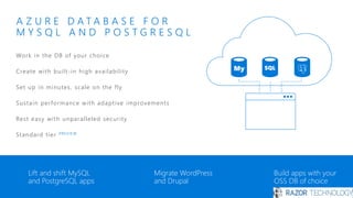 Work in the DB of your choice
Create with built-in high availability
Set up in minutes, scale on the fly
Sustain performance with adaptive improvements
Rest easy with unparalleled security
Standard tier PREVIEW
A Z U R E D A T A B A S E F O R
M Y S Q L A N D P O S T G R E S Q L
Lift and shift MySQL
and PostgreSQL apps
Migrate WordPress
and Drupal
Build apps with your
OSS DB of choice
 