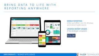 B R I N G D A T A T O L I F E W I T H
R E P O R T I N G A N Y W H E R E
DATA INSIGHTS // BUSINESS INTELLIGENCE
MOBILE REPORTING
Online and offline —on iOS, Windows,
and Android mobile devices
UPDATED REPORT VIEWER
A free developer component
 