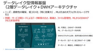 • ニーズ：柔軟性の確保、 低コスト化（特に効果大）、MLのためのオブジェクトストレージアク
セス
• 問題：サービス間ロードによるデータ鮮度の古さ、複雑さ、ファイル管理性、MLからのDWHア
クセス非効率性
データレイク型情報基盤
（2層データレイク＋DWHアーキテクチャ
• What is a Data Lakehouse? – Databricks
データソース：構造化、非構造化データ
データレイク：生データ、加工済みデータ（2層）
DWH/リアルタイムDB：長所を組み合わせた構成
BI、可視化：DWHデータを利用
ML：データレイク上データを利用
 