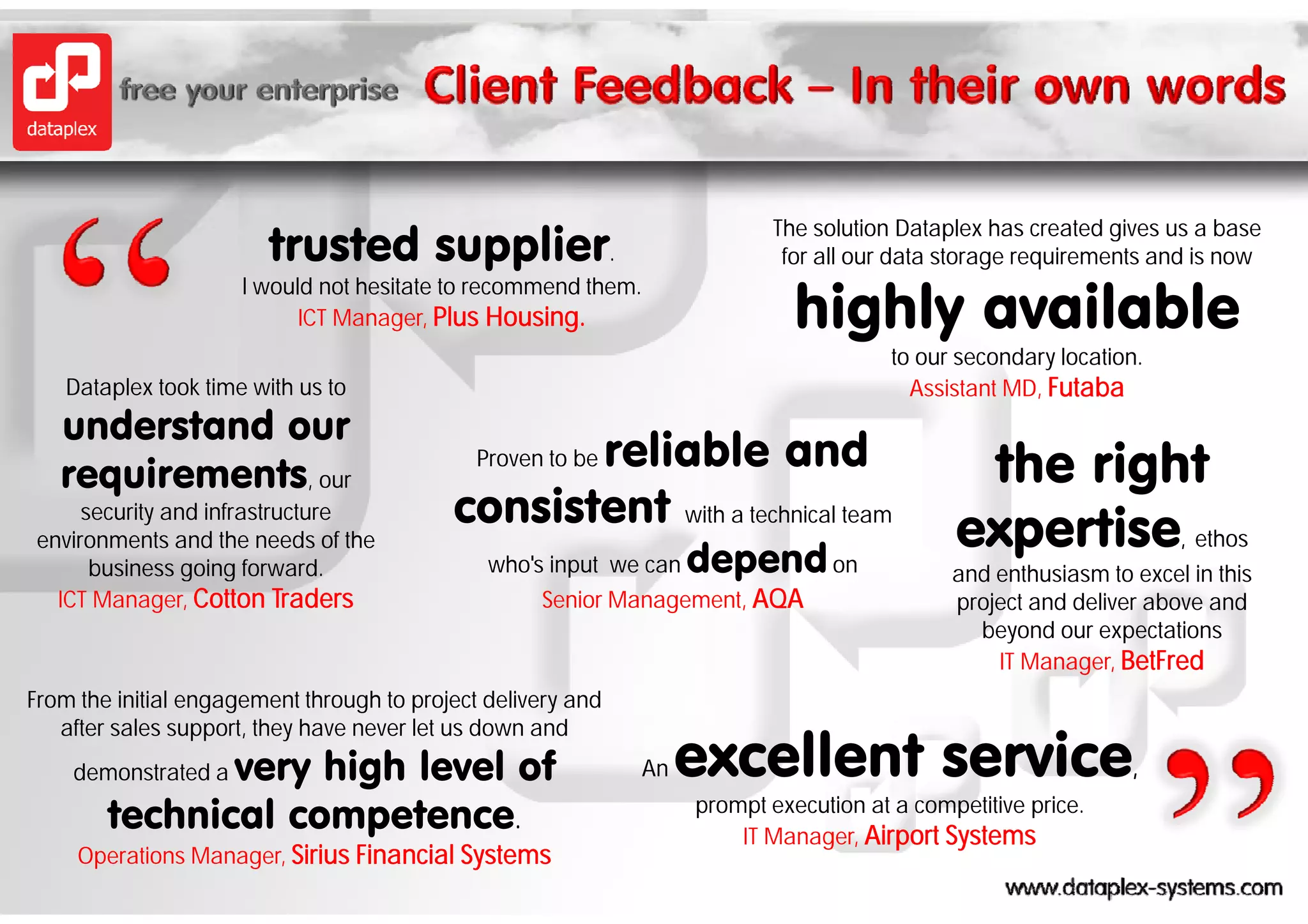 trusted supplier.
                                                                            The solution Dataplex has created gives us a base
                                                                             for all our data storage requirements and is now

                                                                               highly available
                      I would not hesitate to recommend them.
                            ICT Manager, Plus Housing.
                                                                                         to
                                                                                         t our secondary location.
                                                                                                     d    l  ti
   Dataplex took time with us to                                                           Assistant MD, Futaba
   understand our
   requirements, our
       i     t
                                                  reliable and
                                              Proven to be
                                                                                                the right
                                           consistent with a technical team
     security and infrastructure
environments and the needs of the
                                               who's input we can
                                                       p             depend on
                                                                       p
                                                                                               expertise ethos        ,
      business going forward.                                                                  and enthusiasm to excel in this
  ICT Manager, Cotton Traders                       Senior Management, AQA                     project and deliver above and
                                                                                                 beyond our expectations
                                                                                                   IT Manager, BetFred
From the initial engagement through to project delivery and

                                                                     excellent service
   after sales support, they have never let us down and
               very high level of
    demonstrated a                                              An                                               ,

        technical
        t h i l competence.
                         t                                           prompt execution at a competitive price.
                                                                         IT Manager, Airport Systems
                                                                                                       price

     Operations Manager, Sirius Financial Systems
 