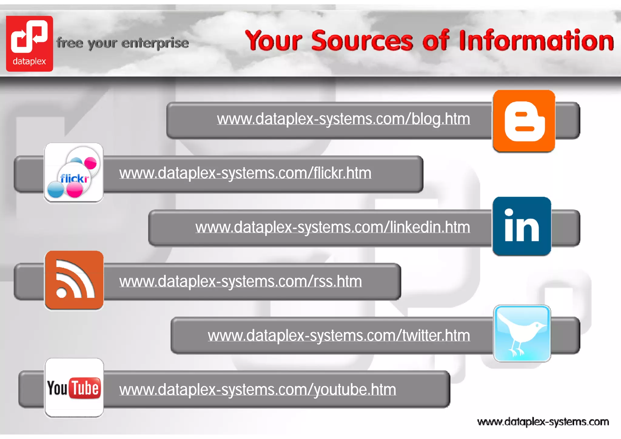 www.dataplex-systems.com/blog.htm
                 d    l               bl h


www.dataplex-systems.com/flickr.htm


          www.dataplex-systems.com/linkedin.htm


www.dataplex-systems.com/rss.htm


            www.dataplex-systems.com/twitter.htm


www.dataplex-systems.com/youtube.htm
 