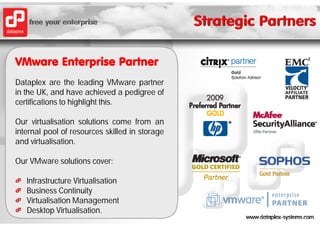 VMware Enterprise P t
VM     E t    i Partner
Dataplex are the leading VMware partner
      p                     g      p
in the UK, and have achieved a pedigree of
certifications to highlight this.

Our virtualisation solutions come from an
internal pool of resources skilled in storage
and virtualisation
     virtualisation.

Our VMware solutions cover:

   Infrastructure Virtualisation
   Business Continuity
   Virtualisation Management
   Desktop Virtualisation.
 