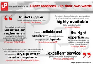 trusted supplier.
                                                                            The solution Dataplex has created gives us a base
                                                                             for all our data storage requirements and is now

                                                                               highly available
                      I would not hesitate to recommend them.
                            ICT Manager, Plus Housing.
                                                                                         to
                                                                                         t our secondary location.
                                                                                                     d    l  ti
   Dataplex took time with us to                                                           Assistant MD, Futaba
   understand our
   requirements, our
       i     t
                                                  reliable and
                                              Proven to be
                                                                                                the right
                                           consistent with a technical team
     security and infrastructure
environments and the needs of the
                                               who's input we can
                                                       p             depend on
                                                                       p
                                                                                               expertise ethos        ,
      business going forward.                                                                  and enthusiasm to excel in this
  ICT Manager, Cotton Traders                       Senior Management, AQA                     project and deliver above and
                                                                                                 beyond our expectations
                                                                                                   IT Manager, BetFred
From the initial engagement through to project delivery and

                                                                     excellent service
   after sales support, they have never let us down and
               very high level of
    demonstrated a                                              An                                               ,

        technical
        t h i l competence.
                         t                                           prompt execution at a competitive price.
                                                                         IT Manager, Airport Systems
                                                                                                       price

     Operations Manager, Sirius Financial Systems
 