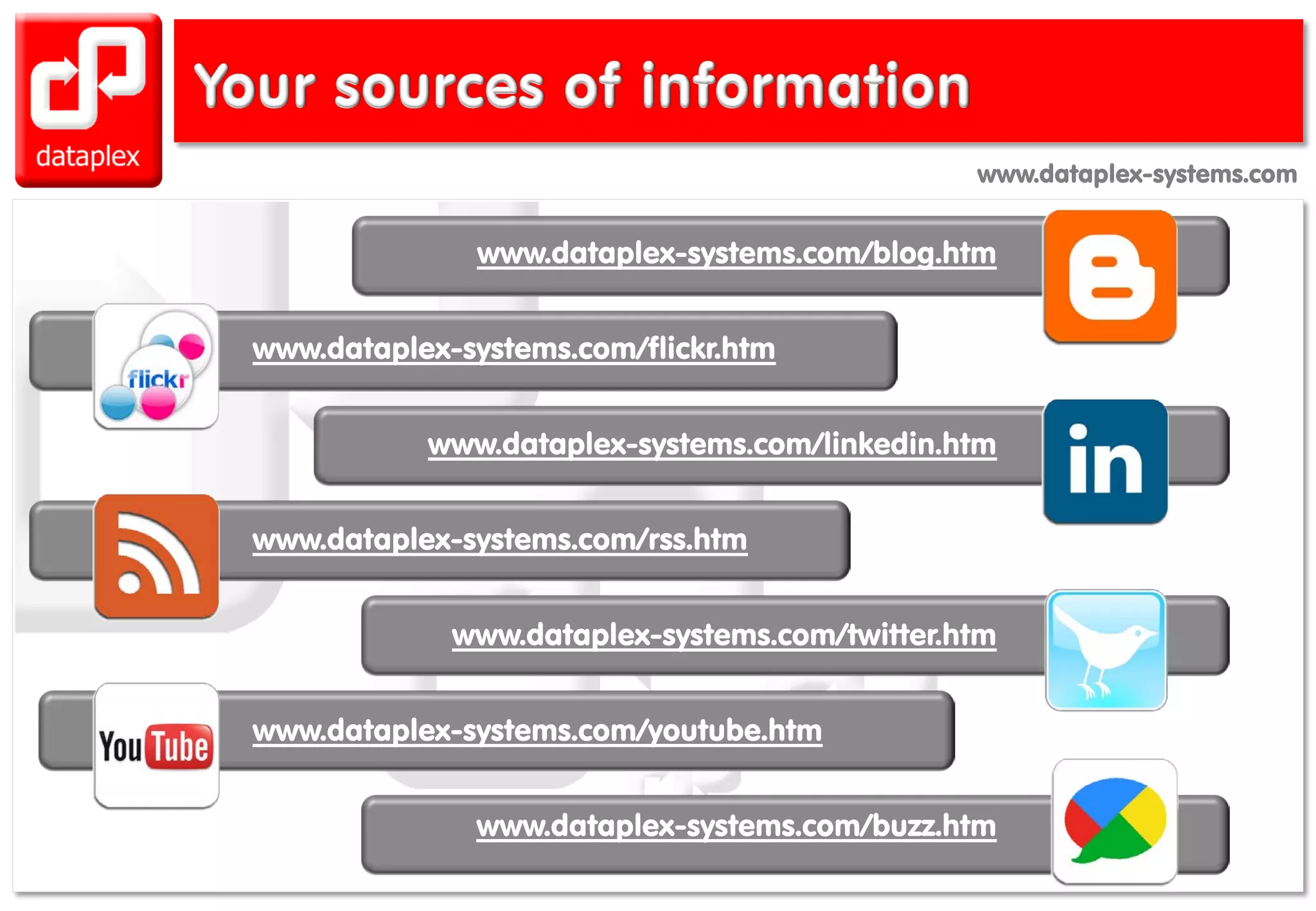 www.dataplex-systems.comwww.dataplex-systems.com
www.dataplex-systems.com/blog.htm
www.dataplex-systems.com/flickr.htm
www.dataplex-systems.com/linkedin.htm
www.dataplex-systems.com/rss.htm
www.dataplex-systems.com/twitter.htm
www.dataplex-systems.com/youtube.htm
www.dataplex-systems.com/buzz.htm
 