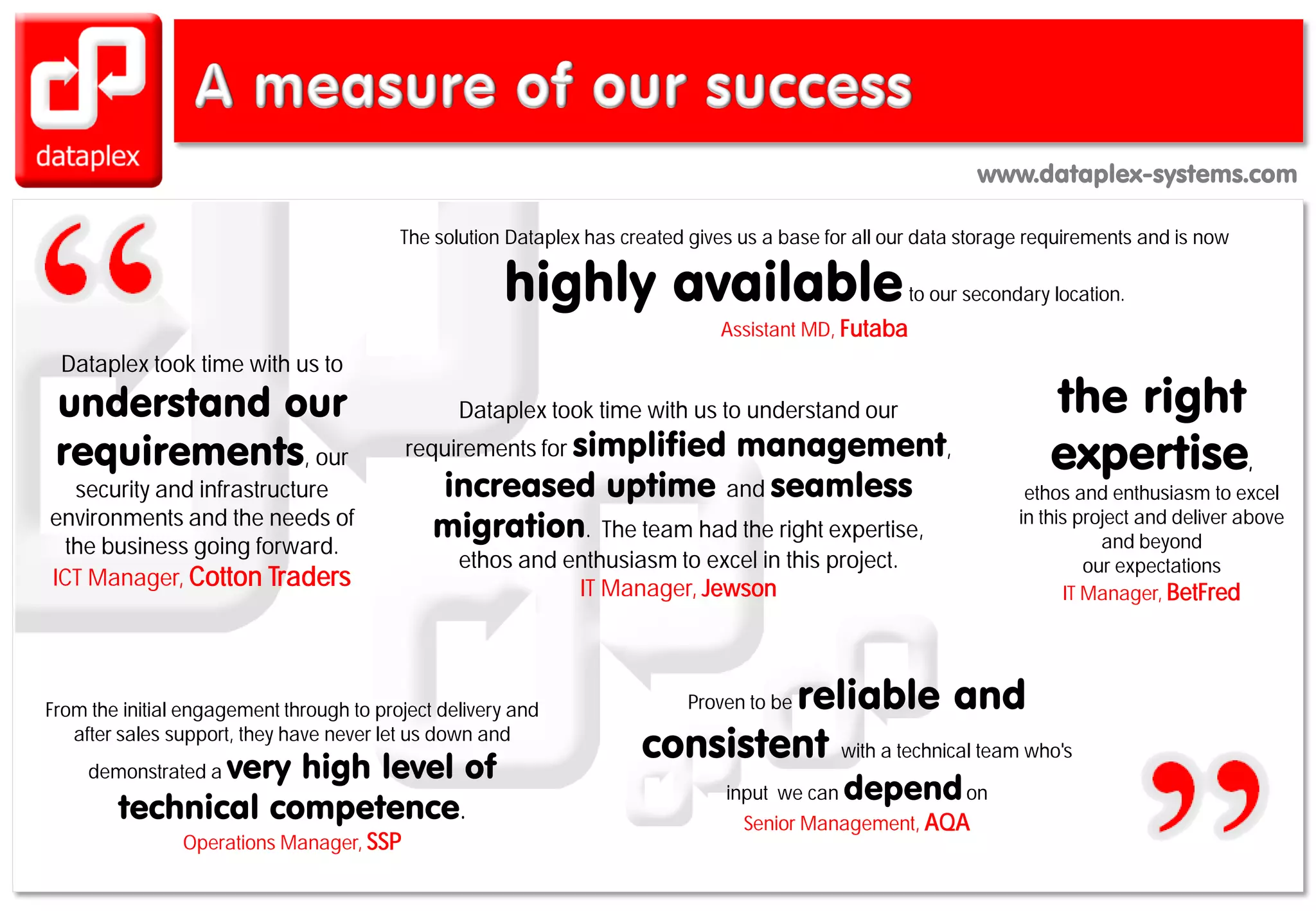 www.dataplex-systems.comwww.dataplex-systems.com
Proven to be reliable and
consistent with a technical team who's
input we can dependon
Senior Management, AQA
From the initial engagement through to project delivery and
after sales support, they have never let us down and
demonstrated a very high level of
technical competence.
Operations Manager, SSP
the right
expertise,
ethos and enthusiasm to excel
in this project and deliver above
and beyond
our expectations
IT Manager, BetFred
Dataplex took time with us to
understand our
requirements, our
security and infrastructure
environments and the needs of
the business going forward.
ICT Manager, Cotton Traders
The solution Dataplex has created gives us a base for all our data storage requirements and is now
highly availableto our secondary location.
Assistant MD, Futaba
Dataplex took time with us to understand our
requirements for simplified management,
increased uptime and seamless
migration. The team had the right expertise,
ethos and enthusiasm to excel in this project.
IT Manager, Jewson
 
