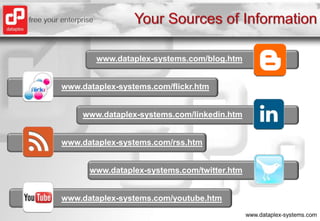 Your Sources of Information www.dataplex-systems.com/blog.htmwww.dataplex-systems.com/flickr.htmwww.dataplex-systems.com/linkedin.htmwww.dataplex-systems.com/rss.htmwww.dataplex-systems.com/twitter.htmwww.dataplex-systems.com/youtube.htm 