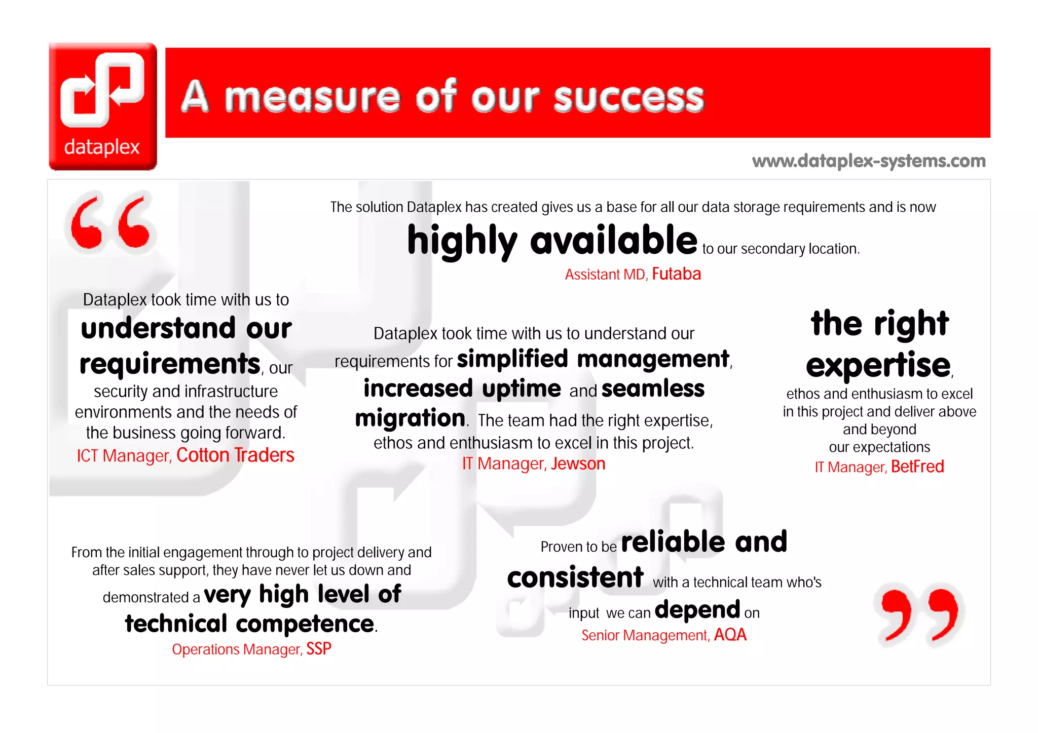 www.dataplex-systems.com

                                          The solution Dataplex has created gives us a base for all our data storage requirements and is now

                                                      highly available                                to our secondary location.
                                                                               Assistant MD, Futaba
 Dataplex took time with us to
 understand our                                  Dataplex took time with us to understand our                          the right
 requirements, our                         requirements for simplified
                                                                     management,                                       expertise               ,
   security and infrastructure                increased uptime and seamless                                         ethos and enthusiasm to excel
environments and the needs of
  the business going forward.
                                              migration. The team had the right expertise,                         in this project and deliver above
                                                                                                                               and beyond
                                                 ethos and enthusiasm to excel in this project.
                                                                                       p j                                   our expectations
ICT Manager, C tt
    M          Cotton Traders
                        T d                                 IT Manager, Jewson                                            IT Manager, BetFred




From the initial engagement through to project delivery and                   reliable and
                                                                                 li bl
                                                                            Proven to be             d
   after sales support, they have never let us down and
                                                                      consistent with a technical team who's
               very high level of
     demonstrated a
                                                                                input we can   depend on
        technical
        t h i l competence.
                        t                                                         Senior Management, AQA
                Operations Manager, SSP
 