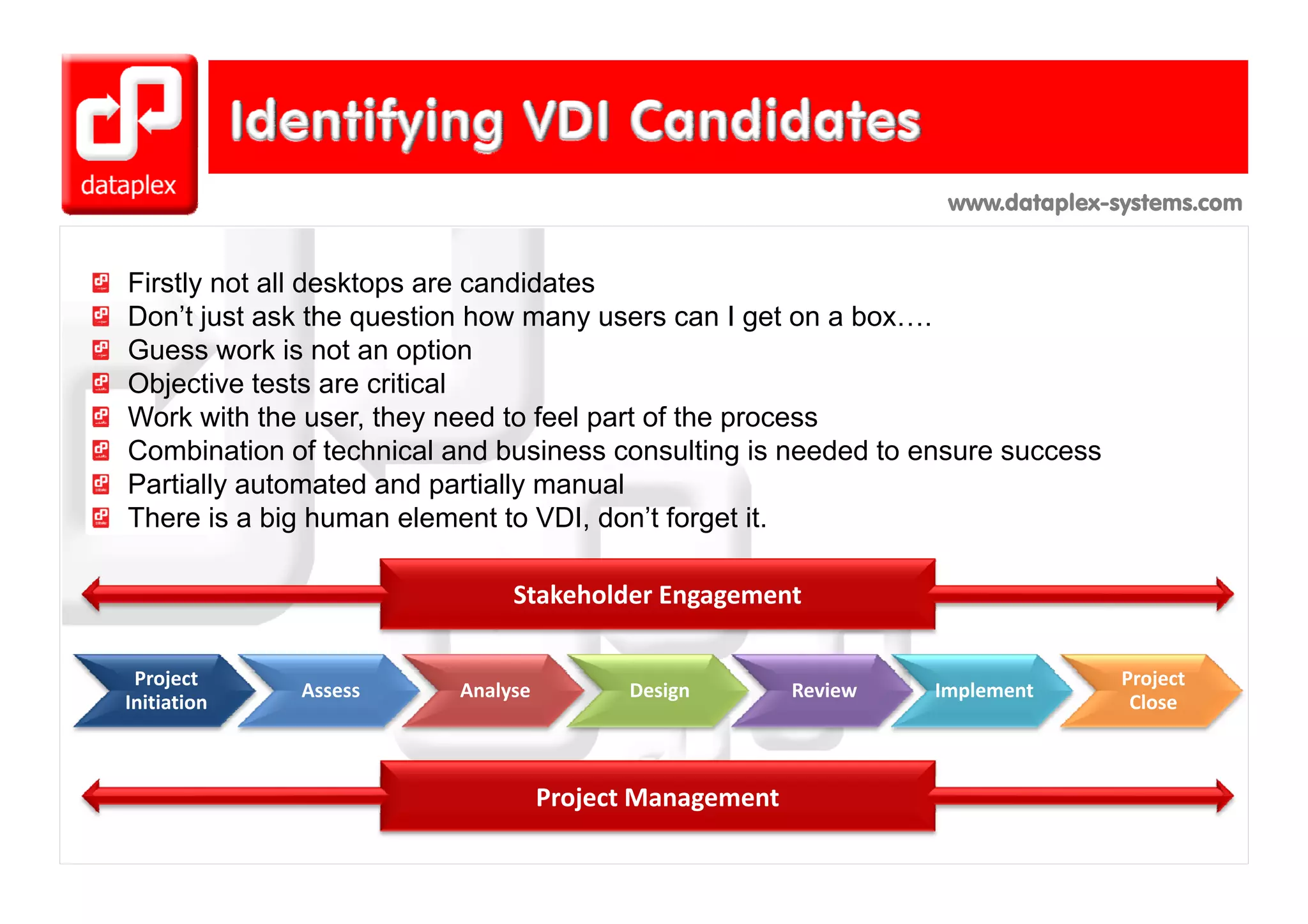 www.dataplex-systems.com


Firstly not all desktops are candidates
Don’t just ask the question how many users can I get on a box….
Guess work is not an option
Objective tests are critical
Work with the user, they need to feel part of the process
Combination of technical and business consulting is needed to ensure success
                                                  g
Partially automated and partially manual
There is a big human element to VDI, don’t forget it.

                              Stakeholder Engagement

 Project 
 P j                                                                            Project 
                                                                                P j
             Assess      Analyse         Design         Review   Implement
Initiation                                                                       Close



                                   Project Management
 