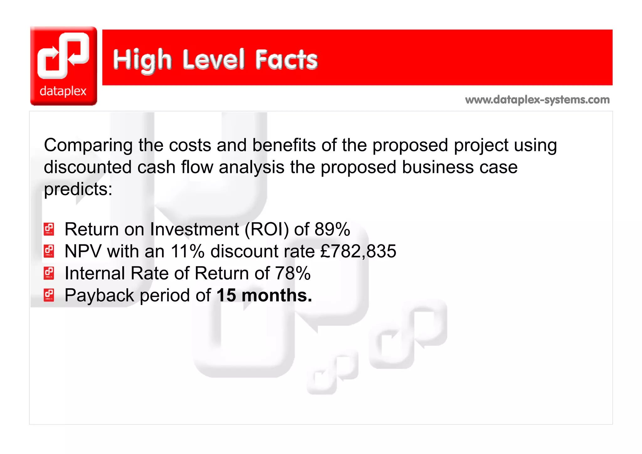www.dataplex-systems.com



Comparing the costs and benefits of the proposed project using
discounted cash flow analysis the proposed business case
                         y        p p
predicts:

  Return on Investment (ROI) of 89%
  NPV with an 11% discount rate £782,835
  Internal Rate of Return of 78%
  Payback period of 15 months.
 