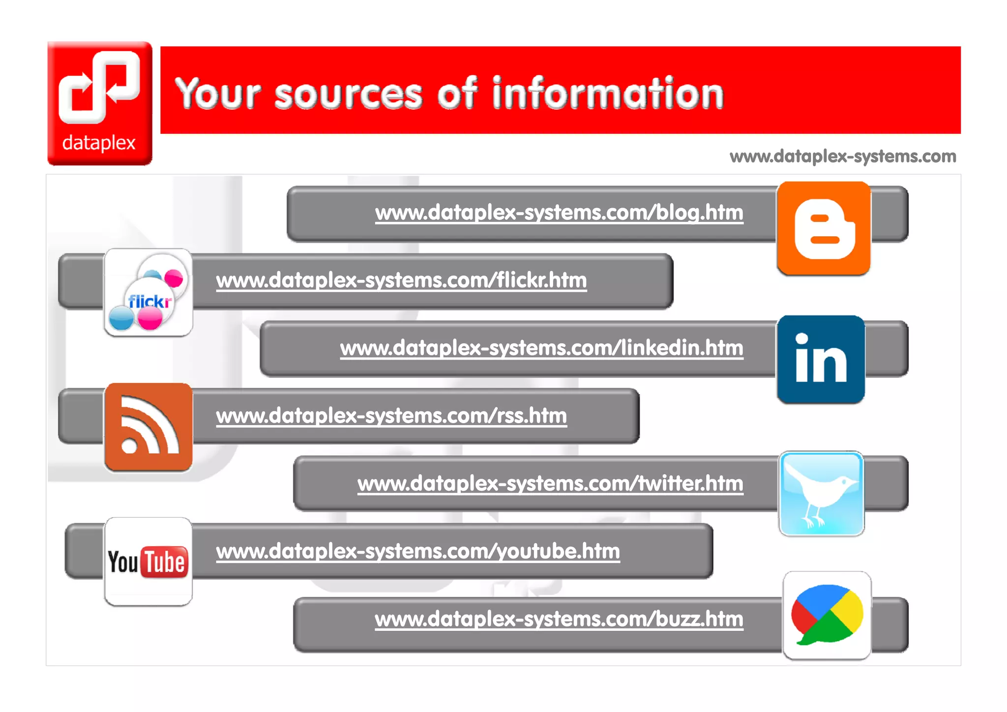 www.dataplex-systems.com


               www.dataplex-systems.com/blog.htm


www.dataplex-systems.com/flickr.htm
    d t l       t       /fli k ht


           www.dataplex-systems.com/linkedin.htm
                   p     y


www.dataplex-systems.com/rss.htm


             www.dataplex-systems.com/twitter.htm


www.dataplex-systems.com/youtube.htm


              www.dataplex-systems.com/buzz.htm
 