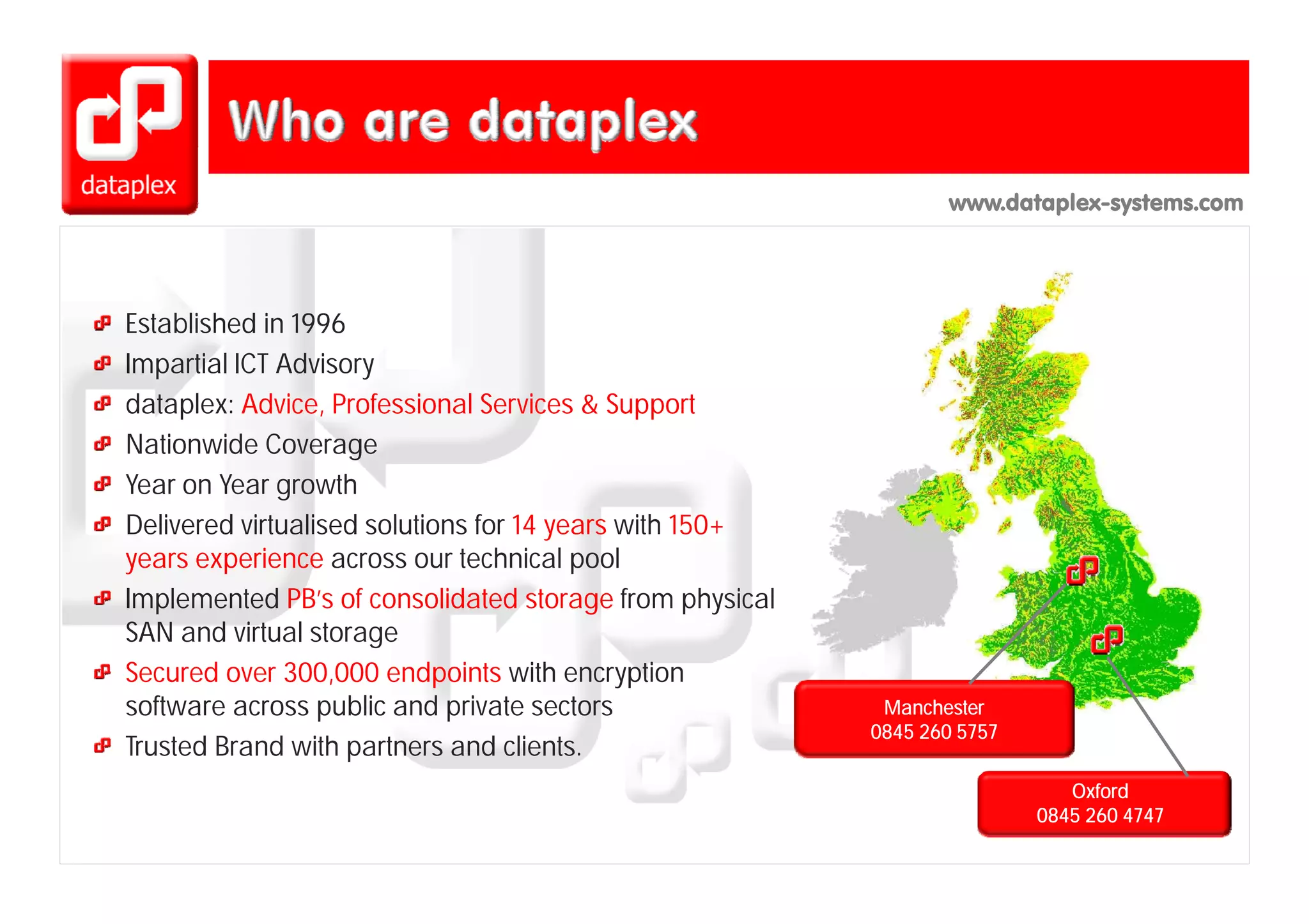 www.dataplex-systems.com


                                                                            Design
Established in 1996
Impartial ICT Advisory
I     ti l    Ad i
dataplex: Advice, Professional Services & Support
Nationwide Coverage
Year on Year growth
Delivered virtualised solutions for 14 years with 150+
years experience across our technical pool
Implemented PB’s of consolidated storage from physical
SAN and virtual storage
               300,000
Secured over 300 000 endpoints with encryption
software across public and private sectors                Manchester
                                                         0845 260 5757
Trusted Brand with partners and clients.
                                                                            Oxford
                                                                         0845 260 4747
 