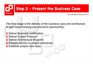 www.dataplex-systems.com




The final stage is the delivery of the business case and architecture
to gain board backing and executive sponsorship:

  Deliver Business Justification
  Deliver Costed Proposal
  Deliver Architectural Blueprint
  Present solution to project executives
  Establish project next steps.
 