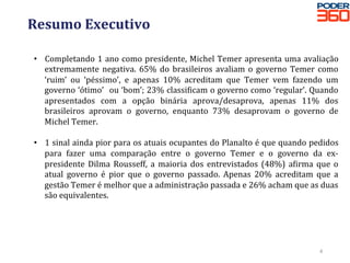 Resumo	Executivo	
•  Completando	1	ano	como	presidente,	Michel	Temer	apresenta	uma	avaliação	
extremamente	negativa.	65%	do	brasileiros	avaliam	o	governo	Temer	como	
‘ruim’	 ou	 ‘péssimo’,	 e	 apenas	 10%	 acreditam	 que	 Temer	 vem	 fazendo	 um	
governo	‘ótimo’		ou	‘bom’;	23%	classidicam	o	governo	como	‘regular’.	Quando	
apresentados	 com	 a	 opção	 binária	 aprova/desaprova,	 apenas	 11%	 dos	
brasileiros	 aprovam	 o	 governo,	 enquanto	 73%	 desaprovam	 o	 governo	 de	
Michel	Temer.	
•  1	sinal	ainda	pior	para	os	atuais	ocupantes	do	Planalto	é	que	quando	pedidos	
para	 fazer	 uma	 comparação	 entre	 o	 governo	 Temer	 e	 o	 governo	 da	 ex-
presidente	 Dilma	 Rousseff,	 a	 maioria	 dos	 entrevistados	 (48%)	 adirma	 que	 o	
atual	 governo	 é	 pior	 que	 o	 governo	 passado.	 Apenas	 20%	 acreditam	 que	 a	
gestão	Temer	é	melhor	que	a	administração	passada	e	26%	acham	que	as	duas	
são	equivalentes.	
4	
 