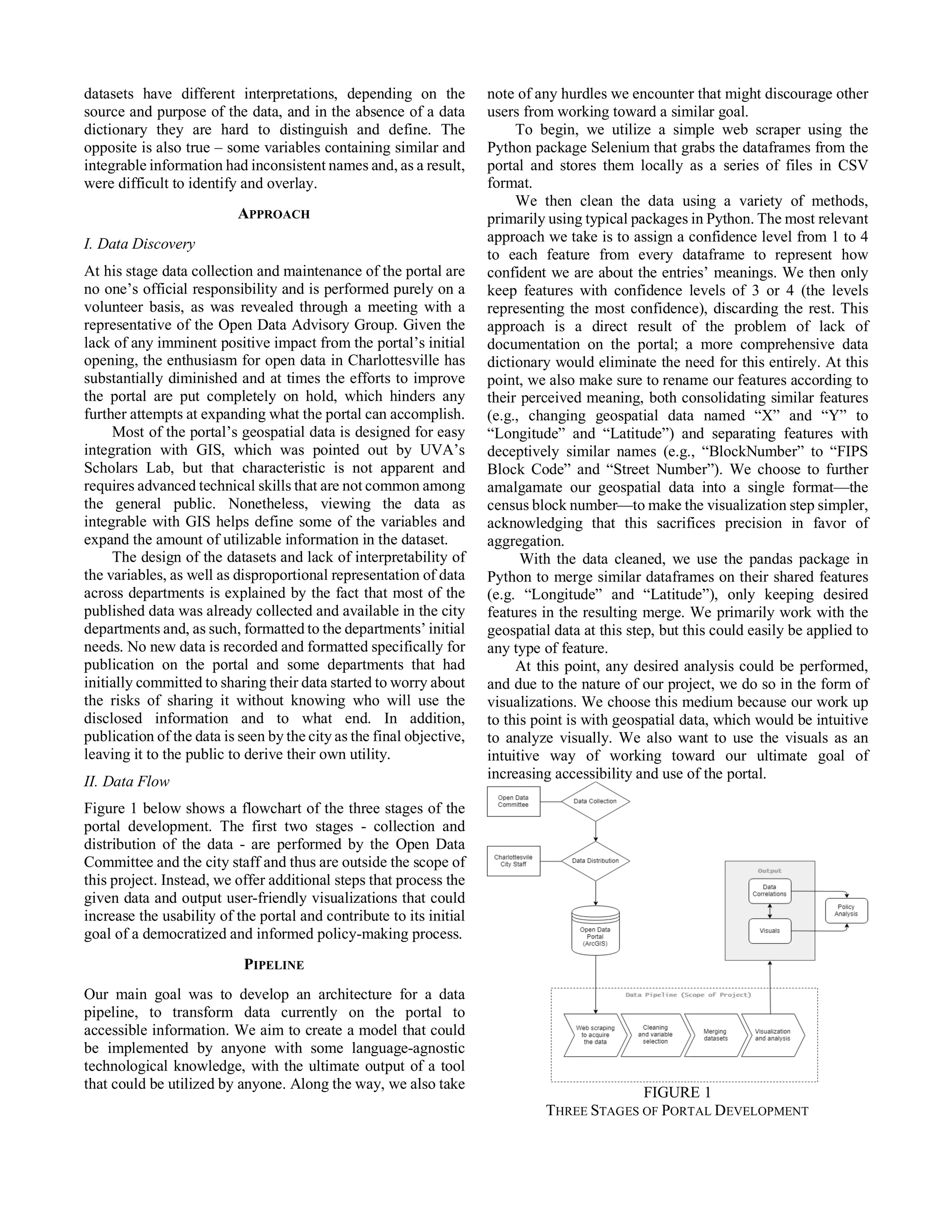 datasets have different interpretations, depending on the
source and purpose of the data, and in the absence of a data
dictionary they are hard to distinguish and define. The
opposite is also true – some variables containing similar and
integrable information had inconsistent names and, as a result,
were difficult to identify and overlay.
APPROACH
I. Data Discovery
At his stage data collection and maintenance of the portal are
no one’s official responsibility and is performed purely on a
volunteer basis, as was revealed through a meeting with a
representative of the Open Data Advisory Group. Given the
lack of any imminent positive impact from the portal’s initial
opening, the enthusiasm for open data in Charlottesville has
substantially diminished and at times the efforts to improve
the portal are put completely on hold, which hinders any
further attempts at expanding what the portal can accomplish.
Most of the portal’s geospatial data is designed for easy
integration with GIS, which was pointed out by UVA’s
Scholars Lab, but that characteristic is not apparent and
requires advanced technical skills that are not common among
the general public. Nonetheless, viewing the data as
integrable with GIS helps define some of the variables and
expand the amount of utilizable information in the dataset.
The design of the datasets and lack of interpretability of
the variables, as well as disproportional representation of data
across departments is explained by the fact that most of the
published data was already collected and available in the city
departments and, as such, formatted to the departments’ initial
needs. No new data is recorded and formatted specifically for
publication on the portal and some departments that had
initially committed to sharing their data started to worry about
the risks of sharing it without knowing who will use the
disclosed information and to what end. In addition,
publication of the data is seen by the city as the final objective,
leaving it to the public to derive their own utility.
II. Data Flow
Figure 1 below shows a flowchart of the three stages of the
portal development. The first two stages - collection and
distribution of the data - are performed by the Open Data
Committee and the city staff and thus are outside the scope of
this project. Instead, we offer additional steps that process the
given data and output user-friendly visualizations that could
increase the usability of the portal and contribute to its initial
goal of a democratized and informed policy-making process.
PIPELINE
Our main goal was to develop an architecture for a data
pipeline, to transform data currently on the portal to
accessible information. We aim to create a model that could
be implemented by anyone with some language-agnostic
technological knowledge, with the ultimate output of a tool
that could be utilized by anyone. Along the way, we also take
note of any hurdles we encounter that might discourage other
users from working toward a similar goal.
To begin, we utilize a simple web scraper using the
Python package Selenium that grabs the dataframes from the
portal and stores them locally as a series of files in CSV
format.
We then clean the data using a variety of methods,
primarily using typical packages in Python. The most relevant
approach we take is to assign a confidence level from 1 to 4
to each feature from every dataframe to represent how
confident we are about the entries’ meanings. We then only
keep features with confidence levels of 3 or 4 (the levels
representing the most confidence), discarding the rest. This
approach is a direct result of the problem of lack of
documentation on the portal; a more comprehensive data
dictionary would eliminate the need for this entirely. At this
point, we also make sure to rename our features according to
their perceived meaning, both consolidating similar features
(e.g., changing geospatial data named “X” and “Y” to
“Longitude” and “Latitude”) and separating features with
deceptively similar names (e.g., “BlockNumber” to “FIPS
Block Code” and “Street Number”). We choose to further
amalgamate our geospatial data into a single format—the
census block number—to make the visualization step simpler,
acknowledging that this sacrifices precision in favor of
aggregation.
With the data cleaned, we use the pandas package in
Python to merge similar dataframes on their shared features
(e.g. “Longitude” and “Latitude”), only keeping desired
features in the resulting merge. We primarily work with the
geospatial data at this step, but this could easily be applied to
any type of feature.
At this point, any desired analysis could be performed,
and due to the nature of our project, we do so in the form of
visualizations. We choose this medium because our work up
to this point is with geospatial data, which would be intuitive
to analyze visually. We also want to use the visuals as an
intuitive way of working toward our ultimate goal of
increasing accessibility and use of the portal.
FIGURE 1
THREE STAGES OF PORTAL DEVELOPMENT
 