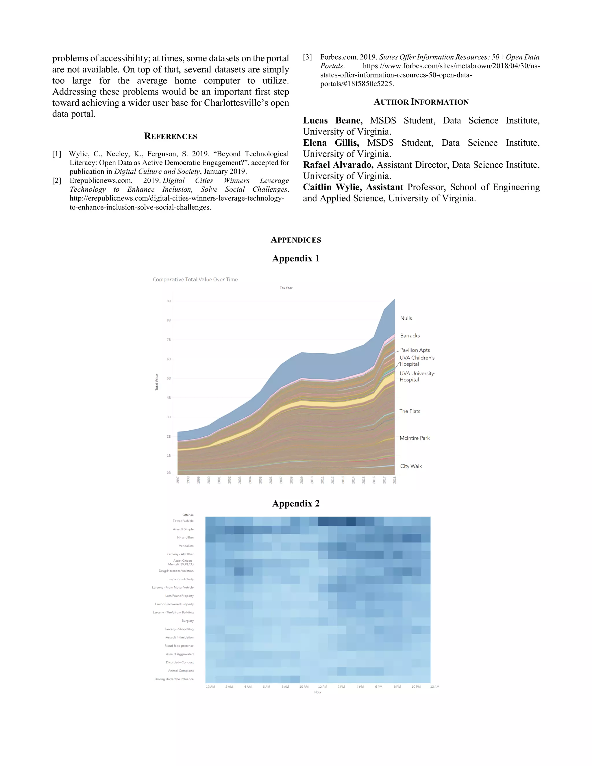 problems of accessibility; at times, some datasets on the portal
are not available. On top of that, several datasets are simply
too large for the average home computer to utilize.
Addressing these problems would be an important first step
toward achieving a wider user base for Charlottesville’s open
data portal.
REFERENCES
[1] Wylie, C., Neeley, K., Ferguson, S. 2019. “Beyond Technological
Literacy: Open Data as Active Democratic Engagement?”, accepted for
publication in Digital Culture and Society, January 2019.
[2] Erepublicnews.com. 2019. Digital Cities Winners Leverage
Technology to Enhance Inclusion, Solve Social Challenges.
http://erepublicnews.com/digital-cities-winners-leverage-technology-
to-enhance-inclusion-solve-social-challenges.
[3] Forbes.com. 2019. States Offer Information Resources: 50+ Open Data
Portals. https://www.forbes.com/sites/metabrown/2018/04/30/us-
states-offer-information-resources-50-open-data-
portals/#18f5850c5225.
AUTHOR INFORMATION
Lucas Beane, MSDS Student, Data Science Institute,
University of Virginia.
Elena Gillis, MSDS Student, Data Science Institute,
University of Virginia.
Rafael Alvarado, Assistant Director, Data Science Institute,
University of Virginia.
Caitlin Wylie, Assistant Professor, School of Engineering
and Applied Science, University of Virginia.
APPENDICES
Appendix 1
Appendix 2
 