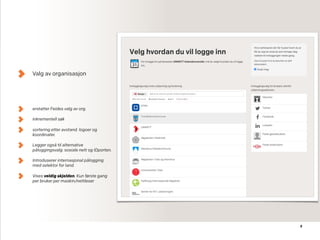 8
Valg av organisasjon
erstatter Feides valg av org.
inkrementell søk
sortering etter avstand. logoer og
koordinater.
Legger også til alternative
påloggingsvalg: sosiale nett og IDporten.
Introduserer internasjonal pålogging
med selektor for land.
Vises veldig skjelden. Kun første gang
per bruker per maskin/nettleser
 