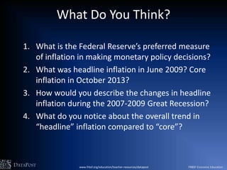 What Do You Think?
1. What is the Federal Reserve’s preferred measure
of inflation in making monetary policy decisions?
2. What was headline inflation in June 2009? Core
inflation in October 2013?
3. How would you describe the changes in headline
inflation during the 2007-2009 Great Recession?
4. What do you notice about the overall trend in
“headline” inflation compared to “core”?
www.frbsf.org/education/teacher-resources/datapost FRBSF Economic EducationDATAPOST
 