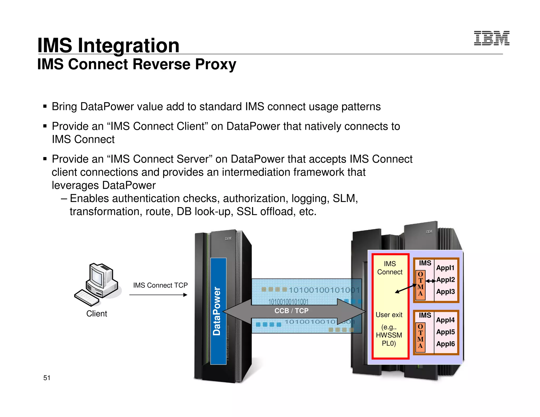 © 2015 IBM Corporation51
Integration
• Dynamically route based on any message content
– Attributes such as the originating IP, requested URL, protocol headers, etc.
– Data within the message such as SOAP Headers, XML, Non-XML content, etc.
• Query a repository for routing information
– WebSphere Service Registry & Repository, XML files, Databases, Web Servers
Content-Based Routing
Service
Providers
Unclassified
Requests
 Transform the message format with ultimate flexibility
– Leverage WebSphere Transformation Extender for data mapping
Any-To-Any Message Transformation
<XML/> TEXT binary
Input
Message
Output
Message
<XML/> TEXT binary
? ?
WebSphere TX Design Studio
 