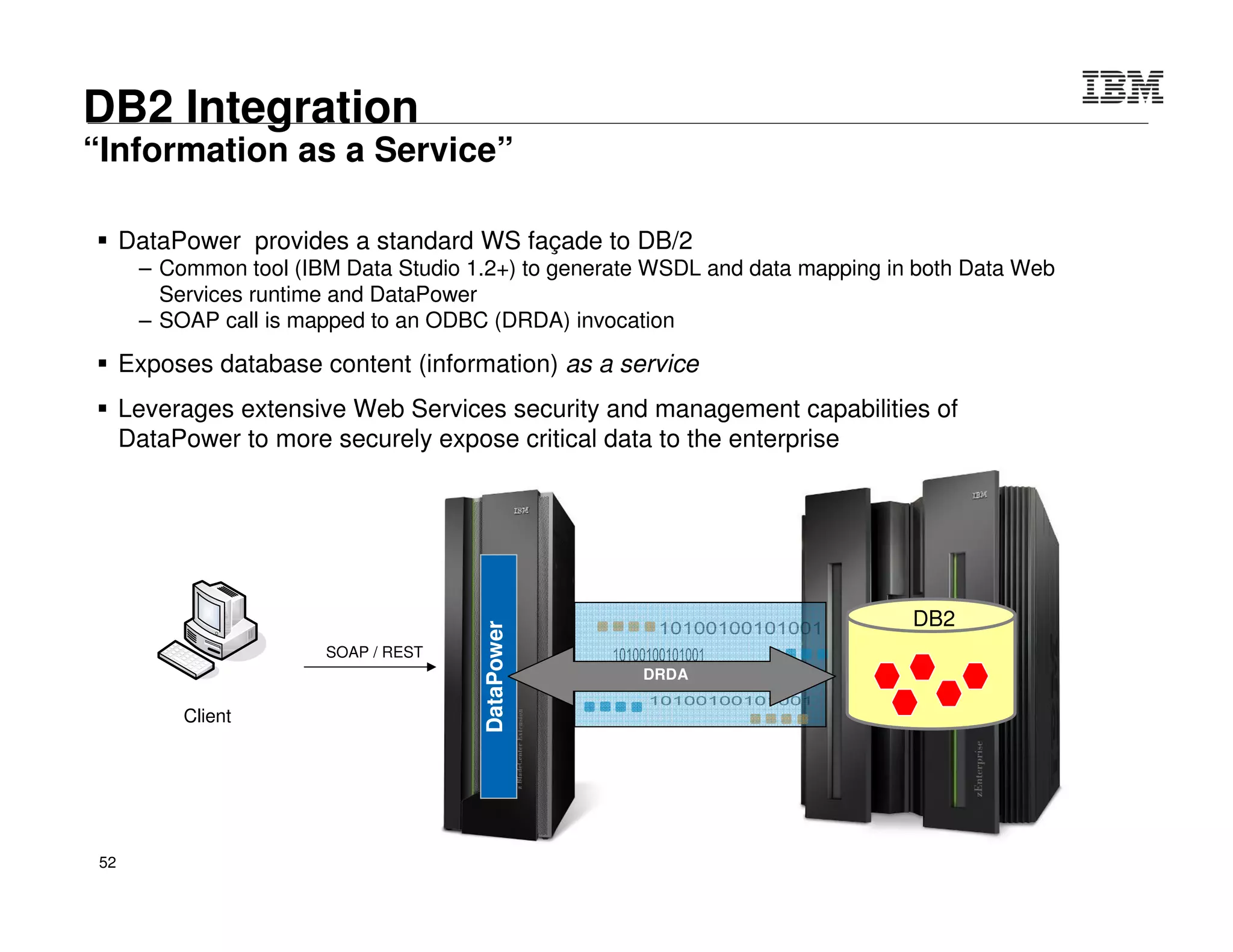 © 2015 IBM Corporation52
Integration
Transport Protocol Translation
 Integrate disparate transport protocols with extreme ease
– No dependencies between inbound “front-side” and outbound “back-side”
– Examples: HTTP(s), WebSphere MQ, WebSphere MQ FTE, WebSphere JMS, Tibco
EMS, SFTP, FTP(s), NFS, IMS, Database (DB2, Oracle, Sybase, SQL Server)
 Support synchronous, asynchronous, pub-sub, assured-delivery, once-and-only once
message patterns
HTTP(s)
FTP(s)
SFTP
WebSphere
MQ, MQ FTE
WebSphere
JMS
Database
DB2, SQL Server,
Oracle, Sybase,
TIBCO
EMS
IMS NFS
 