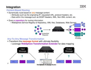© 2015 IBM Corporation37
Closer look at some Mobile Connectivity scenarios
REST Proxy
Provider
JSON / XML / SOAPREST
JSON or XML / HTTP(s)
Mobile Consumer
 SSL offload
 Enforcement point for centralized security policies
– Authentication, Authorization, OAuth 2.0, Audit
– Threat protection for XML and JSON
– Message validation and filtering
 Centralized management and monitoring point
– Traffic control / Rate limiting
 Routing / Intelligent load distribution to Provider
 RESTful façade to non-REST Provider
REST Service Gateway for Mobile Apps
Provider
HTTP(s) GETHTTP(s) GET
JSON or HTML/XHTML
Mobile Consumer
XML
Application Acceleration for Mobile Apps
 Offload heavy lifting of message transformation from the Provider
 Transform to a format best suited for the requesting Mobile App
– JSON for native/hybrid app
– HTML/XHTML for browser based
IBM DataPower Gateway
IBM DataPower Gateway
 Cache response data from Provider
– Locally on the appliance
– Externally to elastic caching XC10
 