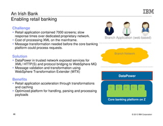 © 2015 IBM Corporation46
Business Challenge
Business Challenge
 External business partners retrieve flight information by
scraping the company’s website
 Unauthorized access to full flight information , with no usage
analytics
 Delays in updating website – difficult for authorized partner to
test changes
 REST-based API had just been built but security was not in
place
Solution
 IBM API Management & DataPower
Business Value
 Easily and securely connect company Website to new APIs,
saving cost of building OAuth based secure access
 Enable secure exposure of APIs to External Business
Partners, saving the implementation cost of building a
developer support infrastructure with access management
 Ability to leverage existing investment in IBM DataPower
gateway and internal team skillset
 Enable secure Mobile app integration with Enterprise APIs
Large Airline in North America provides authorized access to
flight services
 