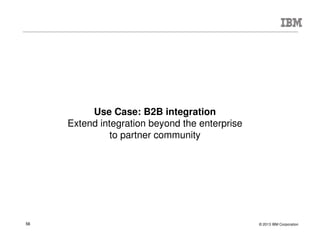© 2015 IBM Corporation56
Centralized Service Governance & Policy Enforcement
 Complete SOA Governance solution
– WSRR for web service life-cycle policy management
– DataPower for web service run-time policy enforcement
 Use WebSphere Service Registry & Repository (WSRR) to store, publish, and
govern your web services
– DataPower can subscribe or poll web services information from WSRR
 Automatically expose services and policies in DataPower via WSRR subscription
– Include WS-Policy, WS-Security Policy statements via WS-PolicyAttachment
– Retrieve WSDLs by specific version number
 Dynamically retrieve run-time routing information from WSRR
WSRR (Policy Administration
Point)
Consumer Service
Message
Message
Message
Message
ITCAM for
SOA
(Policy
Monitoring
Point)
Discover
Services & Policy
Monitor
Services
DataPower (Policy
Enforcement Point)
 Centralized transaction monitoring
– ITCAM for SOA
 Support for UDDI v2 and v3 for UDDI
registries
 