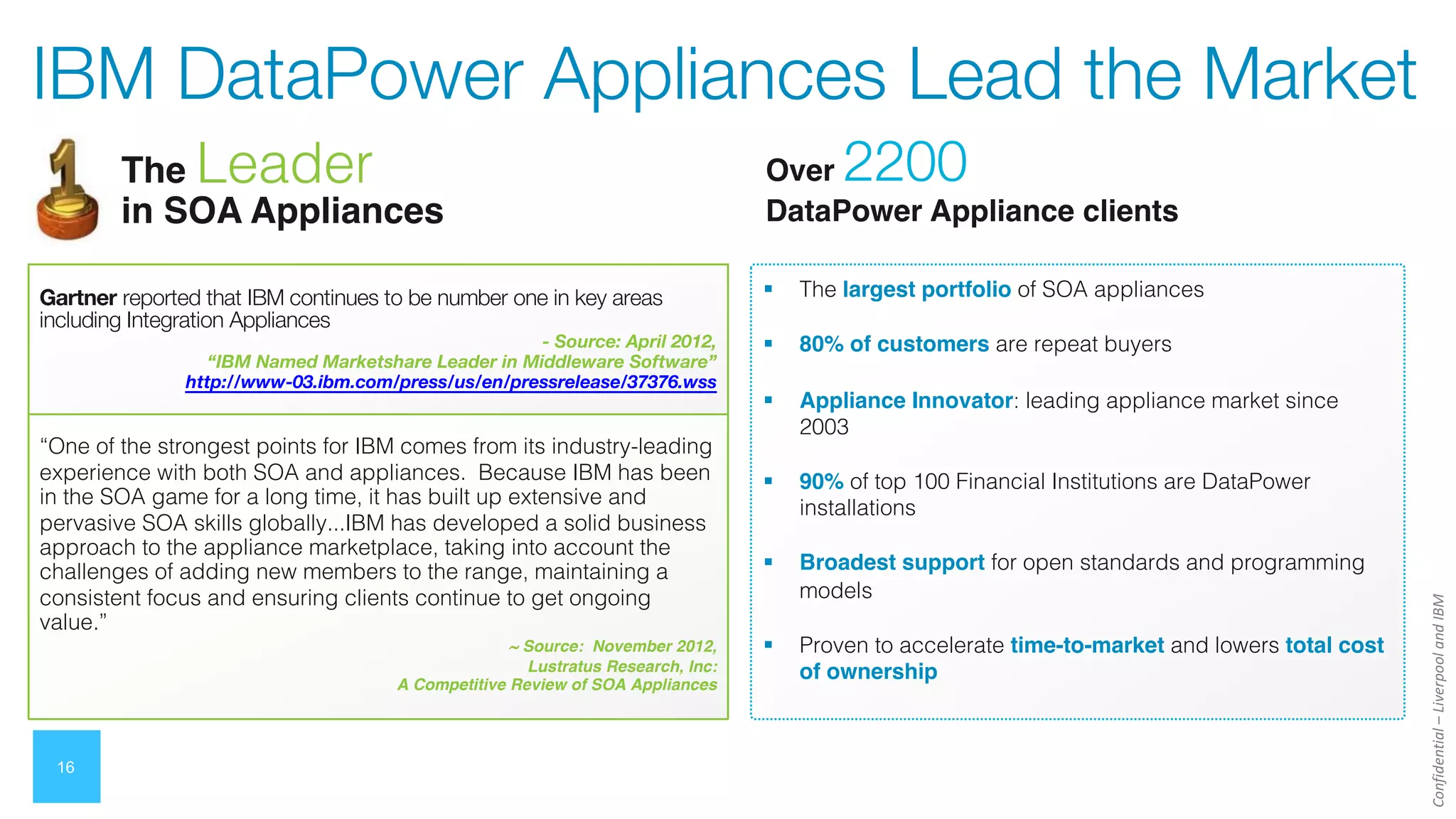 Confidential
–
Liverpool
and
IBM
16
Over 2200
DataPower Appliance clients
§ The largest portfolio of SOA appliances
§ 80% of customers are repeat buyers
§ Appliance Innovator: leading appliance market since
2003
§ 90% of top 100 Financial Institutions are DataPower
installations
§ Broadest support for open standards and programming
models
§ Proven to accelerate time-to-market and lowers total cost
of ownership
“One of the strongest points for IBM comes from its industry-leading
experience with both SOA and appliances. Because IBM has been
in the SOA game for a long time, it has built up extensive and
pervasive SOA skills globally...IBM has developed a solid business
approach to the appliance marketplace, taking into account the
challenges of adding new members to the range, maintaining a
consistent focus and ensuring clients continue to get ongoing
value.”
~ Source: November 2012,
Lustratus Research, Inc:
A Competitive Review of SOA Appliances
Gartner reported that IBM continues to be number one in key areas
including Integration Appliances
- Source: April 2012,
“IBM Named Marketshare Leader in Middleware Software”
http://www-03.ibm.com/press/us/en/pressrelease/37376.wss
IBM DataPower Appliances Lead the Market
The Leader
in SOA Appliances
 