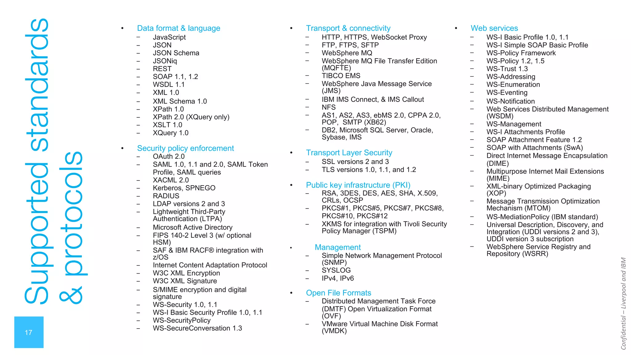 Confidential
–
Liverpool
and
IBM
17
• Data format & language
– JavaScript
‒ JSON
‒ JSON Schema
‒ JSONiq
‒ REST
‒ SOAP 1.1, 1.2
‒ WSDL 1.1
‒ XML 1.0
‒ XML Schema 1.0
‒ XPath 1.0
‒ XPath 2.0 (XQuery only)
‒ XSLT 1.0
‒ XQuery 1.0
• Security policy enforcement
‒ OAuth 2.0
‒ SAML 1.0, 1.1 and 2.0, SAML Token
Profile, SAML queries
‒ XACML 2.0
‒ Kerberos, SPNEGO
‒ RADIUS
‒ LDAP versions 2 and 3
‒ Lightweight Third-Party
Authentication (LTPA)
‒ Microsoft Active Directory
‒ FIPS 140-2 Level 3 (w/ optional
HSM)
‒ SAF & IBM RACF® integration with
z/OS
‒ Internet Content Adaptation Protocol
‒ W3C XML Encryption
‒ W3C XML Signature
‒ S/MIME encryption and digital
signature
‒ WS-Security 1.0, 1.1
‒ WS-I Basic Security Profile 1.0, 1.1
‒ WS-SecurityPolicy
‒ WS-SecureConversation 1.3
Supported
standards
&
protocols
• Transport & connectivity
– HTTP, HTTPS, WebSocket Proxy
– FTP, FTPS, SFTP
– WebSphere MQ
– WebSphere MQ File Transfer Edition
(MQFTE)
– TIBCO EMS
– WebSphere Java Message Service
(JMS)
– IBM IMS Connect, & IMS Callout
– NFS
– AS1, AS2, AS3, ebMS 2.0, CPPA 2.0,
POP, SMTP (XB62)
– DB2, Microsoft SQL Server, Oracle,
Sybase, IMS
• Transport Layer Security
‒ SSL versions 2 and 3
‒ TLS versions 1.0, 1.1, and 1.2
• Public key infrastructure (PKI)
‒ RSA, 3DES, DES, AES, SHA, X.509,
CRLs, OCSP
‒ PKCS#1, PKCS#5, PKCS#7, PKCS#8,
PKCS#10, PKCS#12
‒ XKMS for integration with Tivoli Security
Policy Manager (TSPM)
• Management
‒ Simple Network Management Protocol
(SNMP)
‒ SYSLOG
‒ IPv4, IPv6
• Open File Formats
‒ Distributed Management Task Force
(DMTF) Open Virtualization Format
(OVF)
‒ VMware Virtual Machine Disk Format
(VMDK)
• Web services
– WS-I Basic Profile 1.0, 1.1
– WS-I Simple SOAP Basic Profile
– WS-Policy Framework
– WS-Policy 1.2, 1.5
– WS-Trust 1.3
– WS-Addressing
– WS-Enumeration
– WS-Eventing
– WS-Notification
– Web Services Distributed Management
(WSDM)
– WS-Management
– WS-I Attachments Profile
– SOAP Attachment Feature 1.2
– SOAP with Attachments (SwA)
– Direct Internet Message Encapsulation
(DIME)
– Multipurpose Internet Mail Extensions
(MIME)
– XML-binary Optimized Packaging
(XOP)
– Message Transmission Optimization
Mechanism (MTOM)
– WS-MediationPolicy (IBM standard)
– Universal Description, Discovery, and
Integration (UDDI versions 2 and 3),
UDDI version 3 subscription
– WebSphere Service Registry and
Repository (WSRR)
 