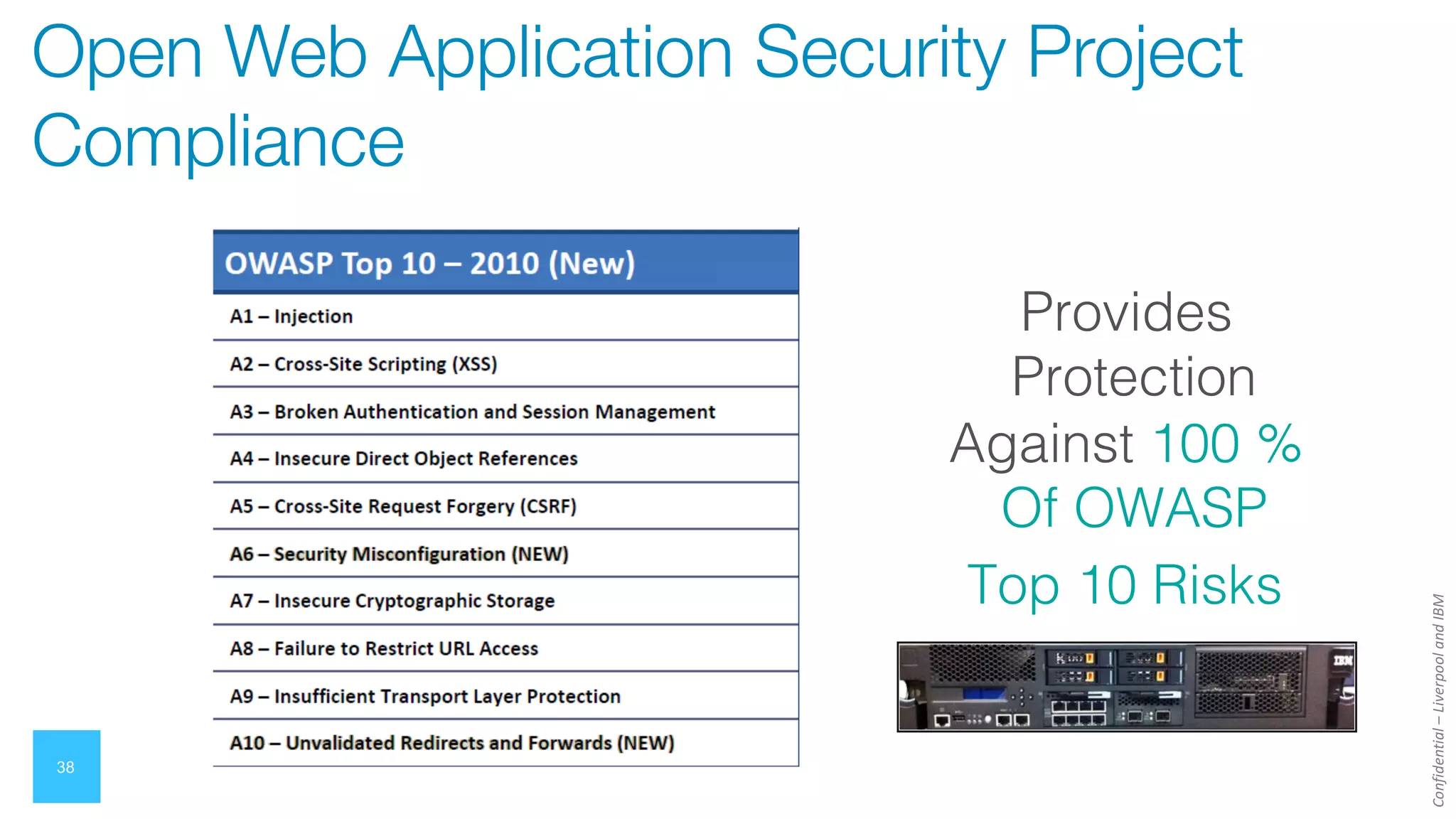 Confidential
–
Liverpool
and
IBM
38
Open Web Application Security Project
Compliance
Provides
Protection
Against 100 %
Of OWASP
Top 10 Risks
 