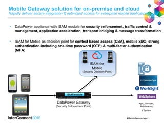 • DataPower appliance with ISAM module for security enforcement, traffic control &
management, application acceleration, transport bridging & message transformation
• ISAM for Mobile as decision point for context based access (CBA), mobile SSO, strong
authentication including one-time password (OTP) & multi-factor authentication
(MFA)
Mobile Gateway solution for on-premise and cloud
ISAM for
Mobile
ISAM for
Mobile
Rapidly deliver secure integration & optimized access for enterprise mobile applications
DataPower Gateway
(Security Enforcement Point)
ISAM Module
Apps, Services,
Middleware,
(Security Decision Point)
z System
 