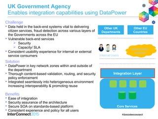 Core Services
Core Data
UK Government Agency
Enables integration capabilities using DataPower
Solution
 DataPower in key network zones within and outside of
the department
 Thorough content-based validation, routing, and security
policy enforcement
 Integrated seamlessly into heterogeneous environment
increasing interoperability & promoting reuse
Benefits
 Ease of integration
 Security assurance of the architecture
 Secure SOA on standards-based platform
 Consistent experience and policy for all users
Challenge
 Data held in the back-end systems vital to delivering
citizen services, fraud detection across various layers of
the Governments across the EU
 Vulnerable back-end services
 Security
 Capacity/ SLA
 Consistent usability experience for internal or external
service consumers
Integration Layer
Government
network
Other EU
Countries
Other UK
Departments
Internal Users
 