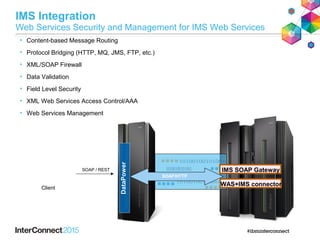 IMS Integration
Web Services Security and Management for IMS Web Services
• Content-based Message Routing
• Protocol Bridging (HTTP, MQ, JMS, FTP, etc.)
• XML/SOAP Firewall
• Data Validation
• Field Level Security
• XML Web Services Access Control/AAA
• Web Services Management
Client
SOAP / REST
SOAP/HTTP
IMS SOAP Gateway
WAS+IMS connector
DataPower
 